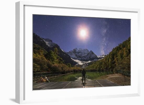 The Milky Way and Waxing Cresent Moon over Mount Chenrezig in China-Stocktrek Images-Framed Photographic Print