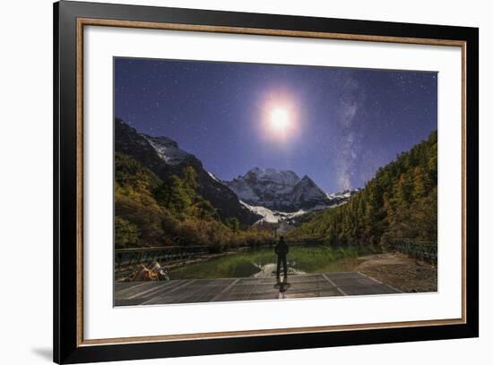 The Milky Way and Waxing Cresent Moon over Mount Chenrezig in China-Stocktrek Images-Framed Photographic Print