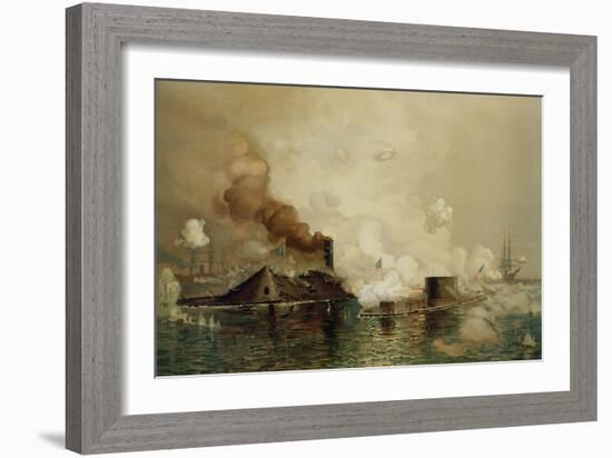 The 'Monitor' and the 'Merrimac', the First Fight Between Ironclads in 1862, Pub. by Louis Prang…-Julian Oliver Davidson-Framed Giclee Print