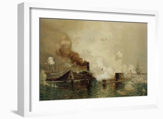 The 'Monitor' and the 'Merrimac', the First Fight Between Ironclads in 1862, Pub. by Louis Prang…-Julian Oliver Davidson-Framed Giclee Print