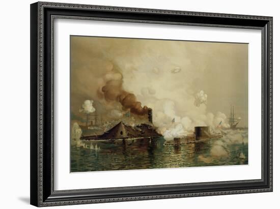 The 'Monitor' and the 'Merrimac', the First Fight Between Ironclads in 1862, Pub. by Louis Prang…-Julian Oliver Davidson-Framed Giclee Print