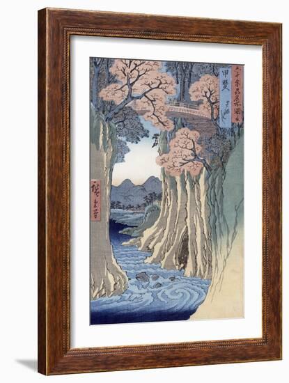 The Monkey Bridge in the Kai Province, from the Series Rokuju-Yoshu Meisho Zue-Ando Hiroshige-Framed Giclee Print