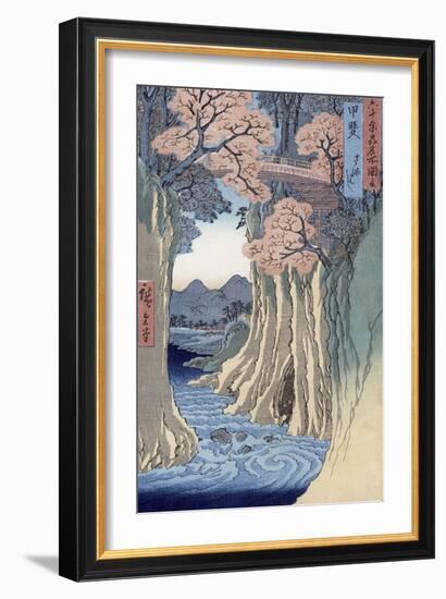 The Monkey Bridge in the Kai Province, from the Series Rokuju-Yoshu Meisho Zue-Ando Hiroshige-Framed Giclee Print