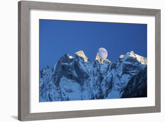 The Moon Appears Behind the Snowy Mountains Illuminating the Peaks-Roberto Moiola-Framed Photographic Print