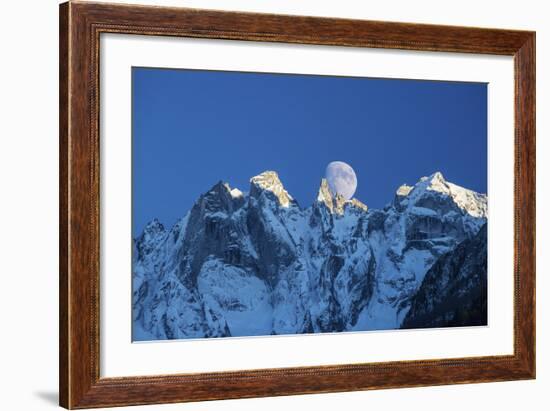 The Moon Appears Behind the Snowy Mountains Illuminating the Peaks-Roberto Moiola-Framed Photographic Print