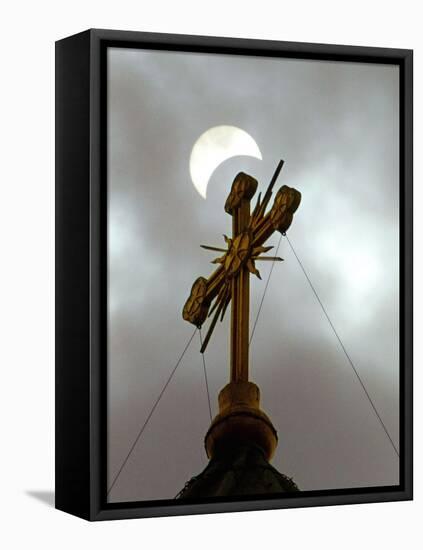 The Moon Partially Covers the Sun During a Partial Solar Eclipse-null-Framed Premier Image Canvas