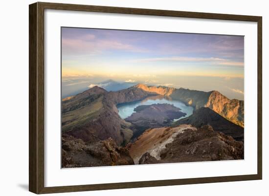 The Mt. Rinjani Crater and a Shadow Cast from the Peak at Sunrise-John Crux-Framed Photographic Print