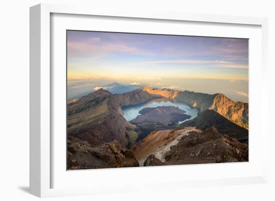 The Mt. Rinjani Crater and a Shadow Cast from the Peak at Sunrise-John Crux-Framed Photographic Print