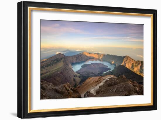 The Mt. Rinjani Crater and a Shadow Cast from the Peak at Sunrise-John Crux-Framed Photographic Print