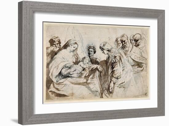 The Mystic Marriage of St. Catherine (Pen and Ink with Wash over Chalk on Paper)-Sir Anthony Van Dyck-Framed Giclee Print