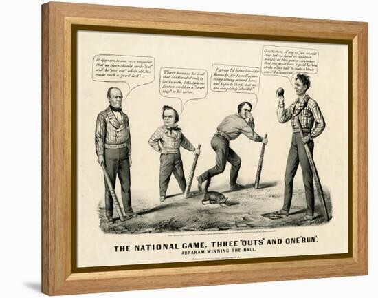 The National Game: Three Outs and One Run, Abraham Winning the Ball, 1860-Currier & Ives-Framed Premier Image Canvas