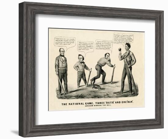 The National Game: Three Outs and One Run, Abraham Winning the Ball, 1860-Currier & Ives-Framed Giclee Print