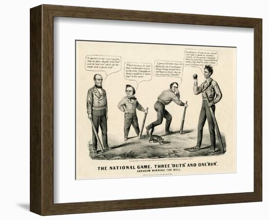 The National Game: Three Outs and One Run, Abraham Winning the Ball, 1860-Currier & Ives-Framed Giclee Print