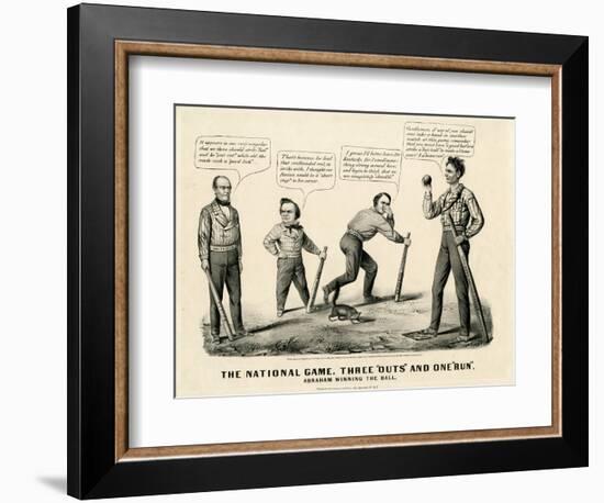 The National Game: Three Outs and One Run, Abraham Winning the Ball, 1860-Currier & Ives-Framed Giclee Print