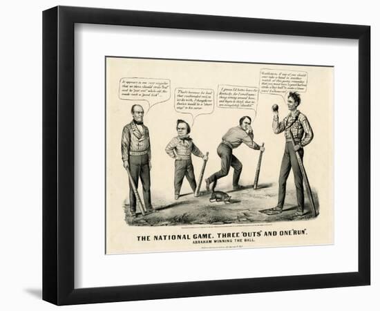 The National Game: Three Outs and One Run, Abraham Winning the Ball, 1860-Currier & Ives-Framed Giclee Print