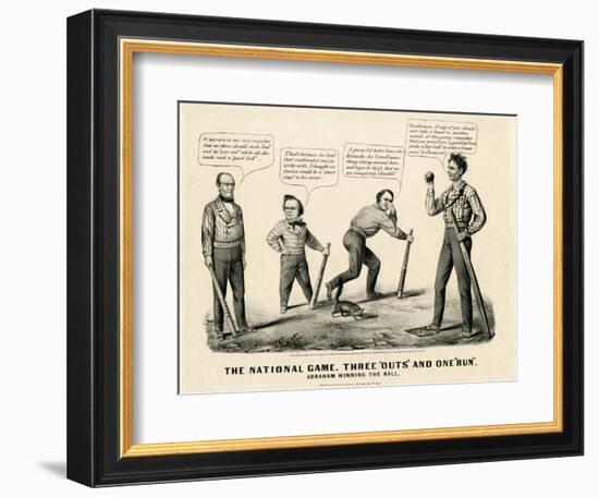 The National Game: Three Outs and One Run, Abraham Winning the Ball, 1860-Currier & Ives-Framed Giclee Print