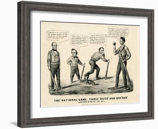 The National Game: Three Outs and One Run, Abraham Winning the Ball, 1860-Currier & Ives-Framed Giclee Print