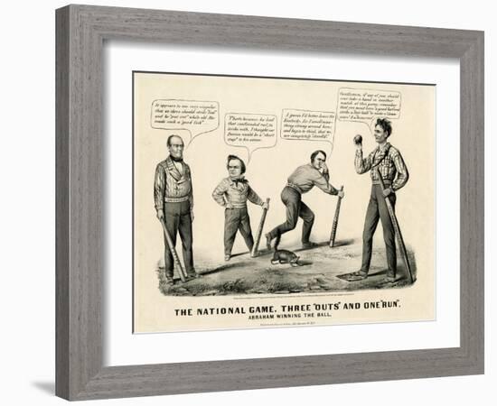 The National Game: Three Outs and One Run, Abraham Winning the Ball, 1860-Currier & Ives-Framed Giclee Print