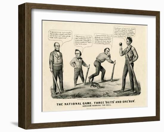 The National Game: Three Outs and One Run, Abraham Winning the Ball, 1860-Currier & Ives-Framed Giclee Print