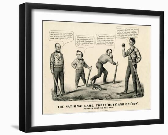 The National Game: Three Outs and One Run, Abraham Winning the Ball, 1860-Currier & Ives-Framed Giclee Print