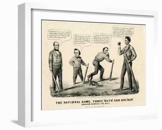 The National Game: Three Outs and One Run, Abraham Winning the Ball, 1860-Currier & Ives-Framed Giclee Print