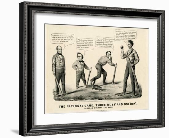 The National Game: Three Outs and One Run, Abraham Winning the Ball, 1860-Currier & Ives-Framed Giclee Print