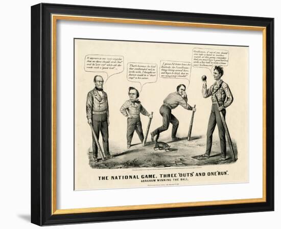 The National Game: Three Outs and One Run, Abraham Winning the Ball, 1860-Currier & Ives-Framed Giclee Print