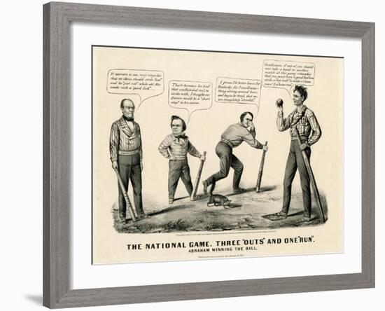 The National Game: Three Outs and One Run, Abraham Winning the Ball, 1860-Currier & Ives-Framed Giclee Print