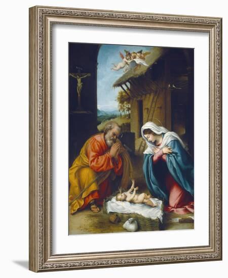 The Nativity, 1523-Lorenzo Lotto-Framed Giclee Print