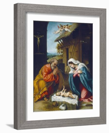 The Nativity, 1523-Lorenzo Lotto-Framed Giclee Print