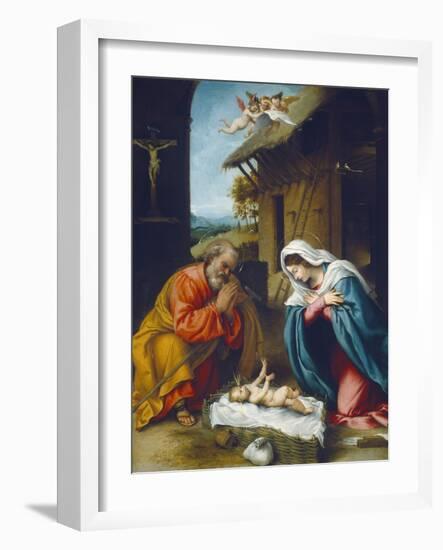 The Nativity, 1523-Lorenzo Lotto-Framed Giclee Print