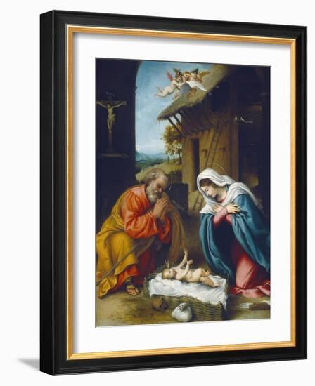 The Nativity, 1523-Lorenzo Lotto-Framed Giclee Print