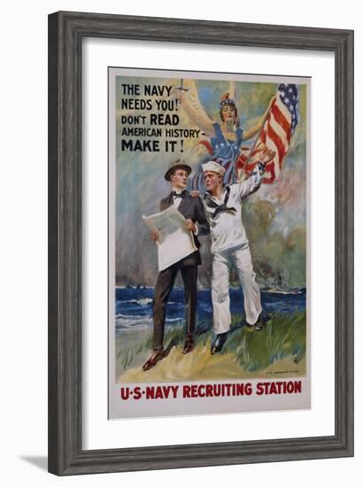 The Navy Needs You! U.S. Navy Recruiting Station Poster-James Montgomery Flagg-Framed Giclee Print