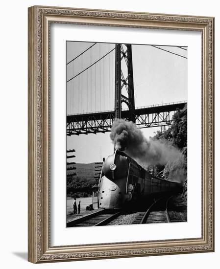 The New York Central Steamliner Releasing Steam as It Comes to a Stop-Peter Stackpole-Framed Photographic Print