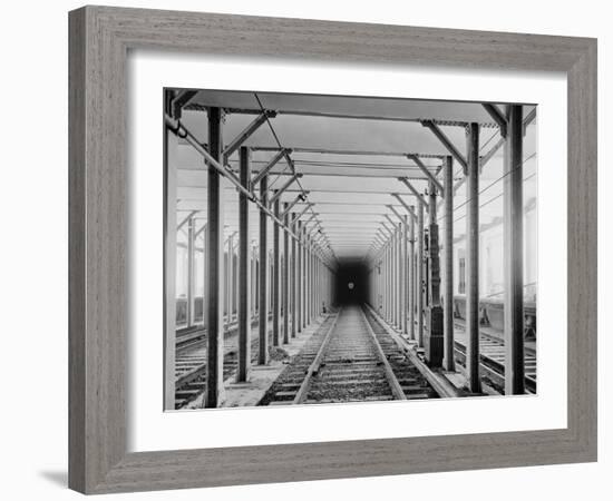 The New York City Subway Tracks at a Station with a Dark Tunnel in the Distance, 1904-null-Framed Photo