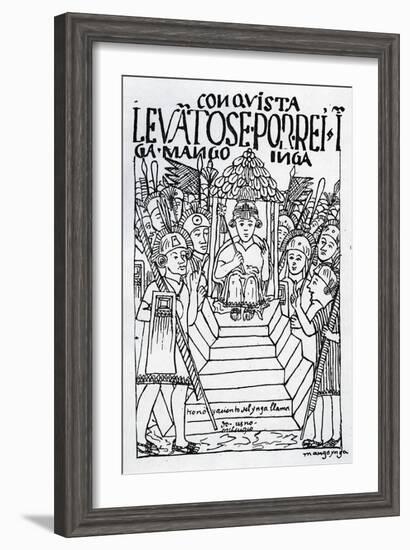 The Newly Crowned Manco Inca on the Throne at Cuzco (Woodcut)-Felipe Huaman Poma De Ayala-Framed Giclee Print