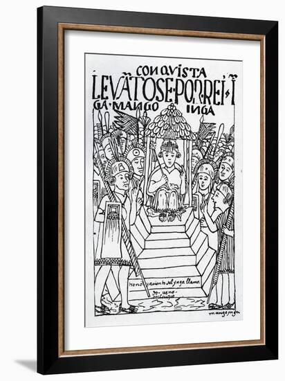 The Newly Crowned Manco Inca on the Throne at Cuzco (Woodcut)-Felipe Huaman Poma De Ayala-Framed Giclee Print