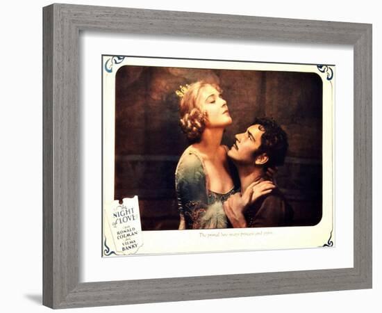 THE NIGHT OF LOVE, l-r: Vilma Banky, Ronald Colman on lobbycard, 1927-null-Framed Art Print