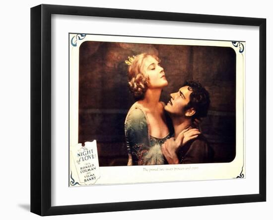 THE NIGHT OF LOVE, l-r: Vilma Banky, Ronald Colman on lobbycard, 1927-null-Framed Art Print