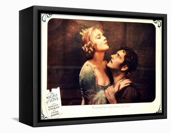 THE NIGHT OF LOVE, l-r: Vilma Banky, Ronald Colman on lobbycard, 1927-null-Framed Stretched Canvas