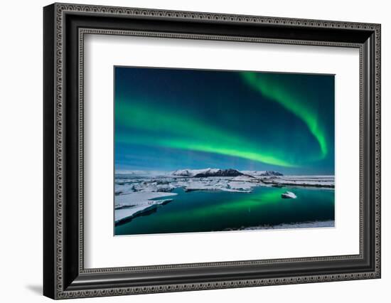 The Northern Lights Dance over the Glacier Lagoon in Iceland.-John A Davis-Framed Photographic Print