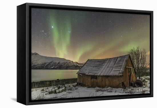 The Northern Lights Illuminates the Wooden Cabin, Svensby, Lyngen Alps, Troms, Lapland, Norway-Roberto Moiola-Framed Premier Image Canvas
