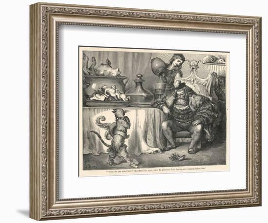 The Ogre Glares at Puss in Boots as He Bows and Scrapes Before Him-Gustave Dor?-Framed Art Print