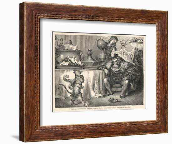 The Ogre Glares at Puss in Boots as He Bows and Scrapes Before Him-Gustave Dor?-Framed Art Print