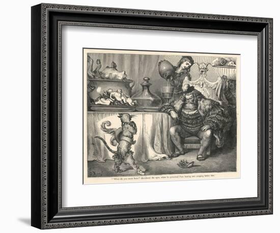 The Ogre Glares at Puss in Boots as He Bows and Scrapes Before Him-Gustave Dor?-Framed Art Print