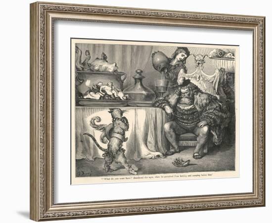 The Ogre Glares at Puss in Boots as He Bows and Scrapes Before Him-Gustave Dor?-Framed Art Print