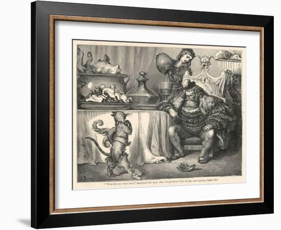 The Ogre Glares at Puss in Boots as He Bows and Scrapes Before Him-Gustave Dor?-Framed Art Print