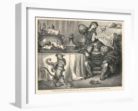 The Ogre Glares at Puss in Boots as He Bows and Scrapes Before Him-Gustave Dor?-Framed Art Print