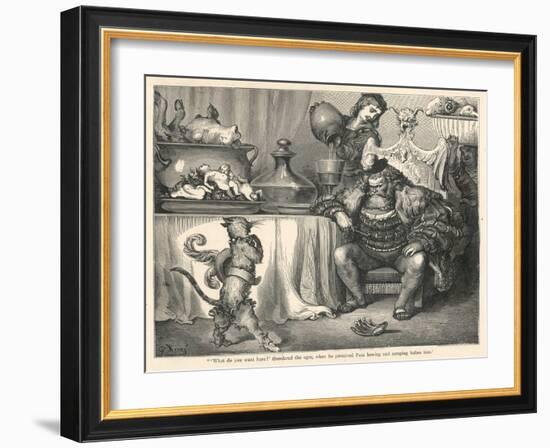 The Ogre Glares at Puss in Boots as He Bows and Scrapes Before Him-Gustave Dor?-Framed Art Print