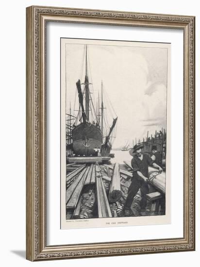 "The Old Shipyard", a Carpenter Shapes the Timbers of a Sailing Vessel-Thornton Oakley-Framed Art Print